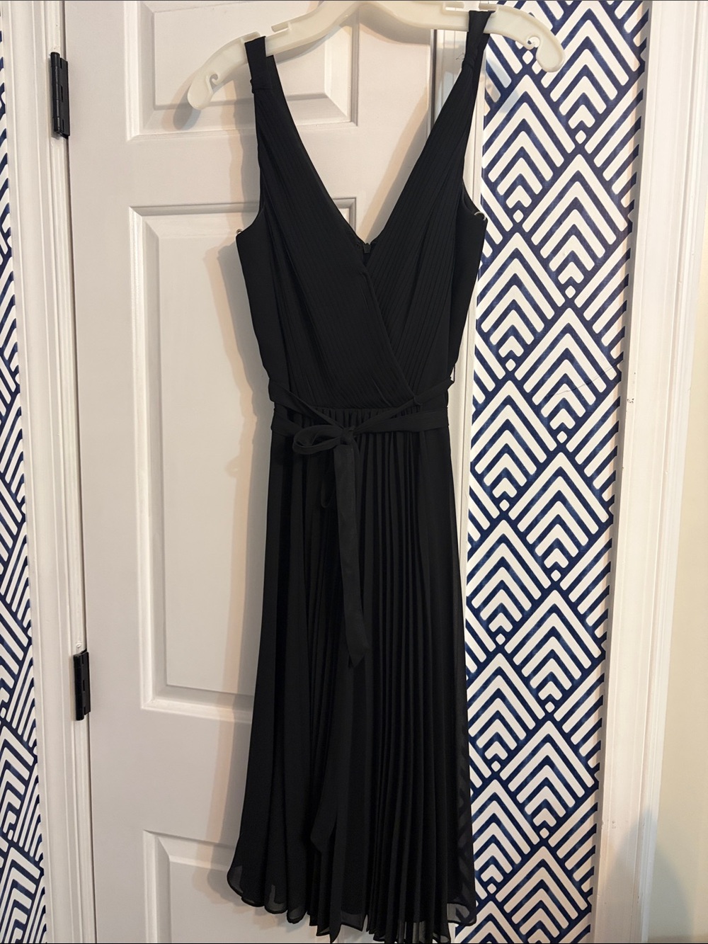 David's Bridal Black Pleated V-Neck Midi Dress with Waist Tie